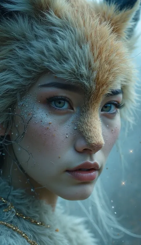 2K ultra HD, cinematic lighting, close-up of a mystical woman transforming into a fox, half human and half fox face, one side showing beautiful, cold human features, the other side with sharp fox eyes and fine fur, ethereal and intense expression, misty Or...