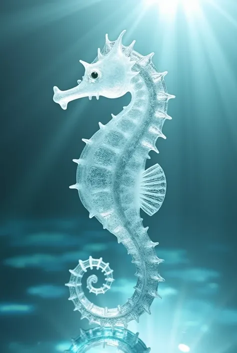 image of a clear white glass Seahorse underwater, É made of glass transparente, Chess Piece, made of glass, completely translucent white,  You can see through its transparent skin 