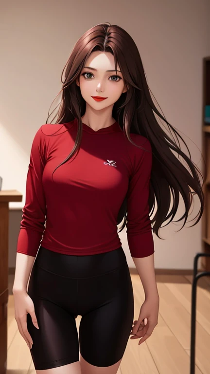 woman , long hair brown, normal, dark, she is solo, from alternative world ,best quality, realistic, cycling (full dark red color) suit and cycling sports black shorts, she is stand , smile, red lipstick , 