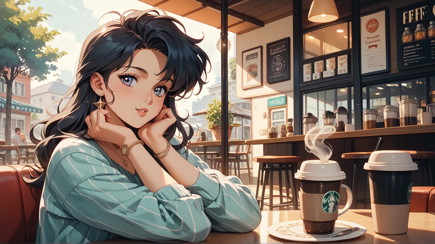  anime style、At a retro coffee shop、Beautiful dark-haired girl relaxing while drinking hot coffee