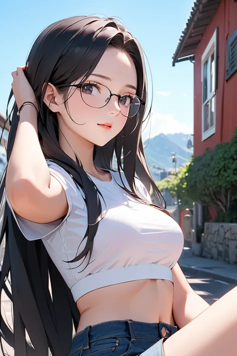 best quality, soft , super detail,   beautiful , 8k, 1 girl  , long hair,  black hair, outdoor, bright,  clear sky,  mature women, long hair, forehead, Black Eyes, glasses, short sleeve crop top