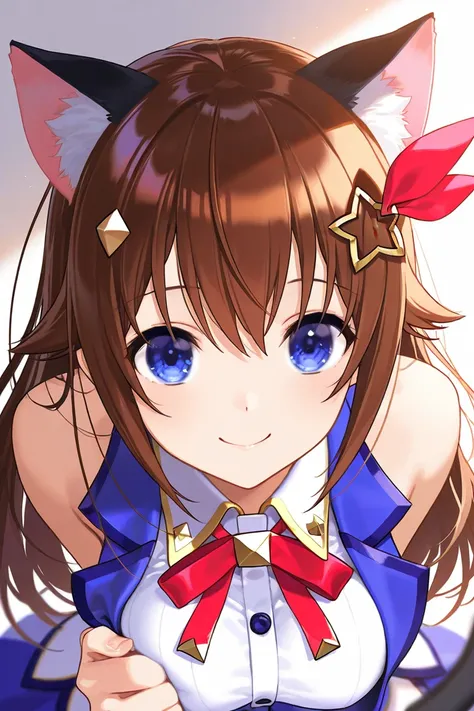 Tokino Sora, 1 woman, brown hair, solo, blue eyes, star hair accessory, red ribbon, smile, large breasts, smile, cat ears, cat pause