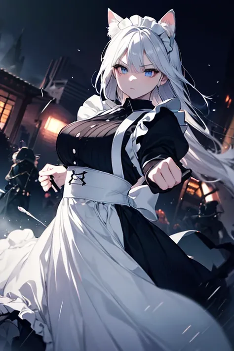 a beautiful detailed catgirl maid, incredibly badass girl, intense battle scene, highly detailed, masterpiece, 8k, hyperrealistic, dramatic lighting, cinematic composition, vibrant colors, intricate details, dynamic pose, elegant costume design