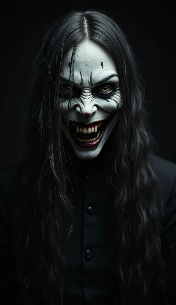 (best quality, masterpiece:1.2), On a black background, a very scary and grotesque-looking woman has a ghostly face with long flowing hair, smiling evilly and scaring people. ,ultra-realistic, cinematic, high detail