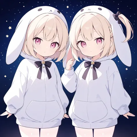 Best Picture Quality, 8k, 16k,  super resolution,  Cute Characters: 1.3, Light Beige Short Bob, partial braid hairstyle with one side up,  Beautiful Single Girl , Narrow Face, Narrow eyes,  pink eyes,  Unusual Suspicious Emotions, ((White rabbit costume: 1...