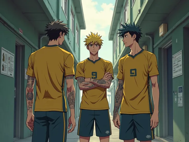 3 male oc menaçant sauvage tatuage musclé adolescent 17 ans de l'anime blue lock saison 3
sont dans les couloir sombre de l'academie
entraint de discuter.
garçon 1 cheveux jaune et vert form dragons yeux ecarlate stylé artificiel 
uniform de sports jaune e...