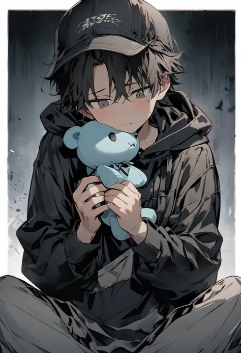 Please generate a boy anime character who is shy, the youngest of three brothers and of elementary school age, wearing a casual dark gray hoodie and a cap pulled down deeply enough to cover his entire forehead and half of his face. To express his introvert...