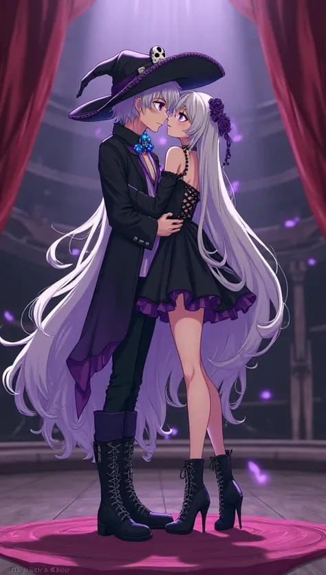 Anime witch vampire girl with very long white and purple hair. Big purple eyes. On the stage of an empty and lonely theater in a sexy short black and purple dress. Sexy Girl and young mature. Pink lips, sensual but sad look. Black fingernails. Blue heart a...