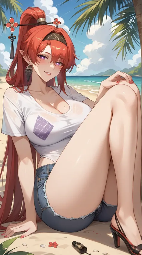 ((Yinlin, red hair, mole under eye, purple eyes, hair stick, hair ornament)), 1girl, huge breasts, huge butt, thick thighs, sensual woman, mature female, blushes, cleavage, full body, source_anime, quality_masterpiece, anatomically correct, beautiful face,...