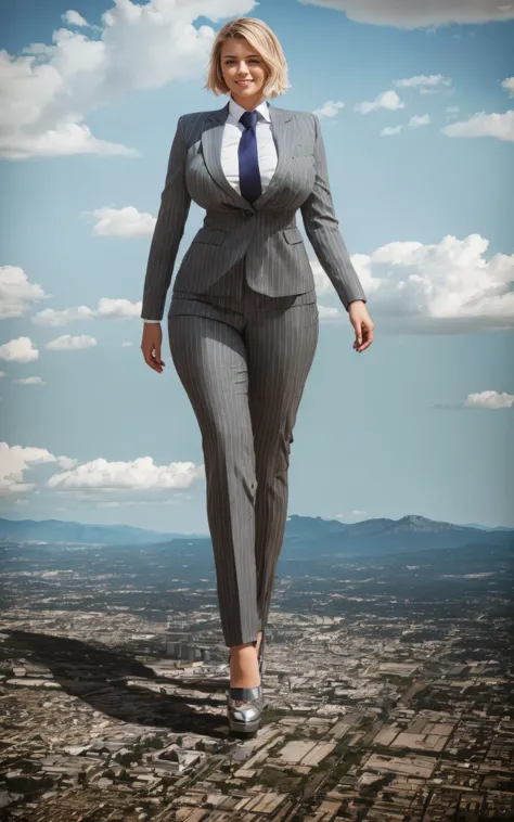 100 km tall giga giantic, curvy young lady with a beautiful smile, bigger than a giant city, curvaceous figure, massive beast, and very short blonde hair, with a curvaceous figure and massive natural breasts. wearing a tailored italian light grey pinstripe...