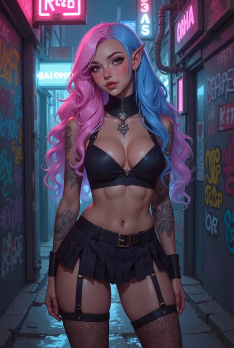 illustration of A stunningly beautiful girl, sexually suggestive illustration, 1girl, elf girl working as a prostitute in an dimly-lit alley of a futuristic sci-fi city, night, neon lights, graffiti on the wall., Her curly, cascading hair, split evenly bet...