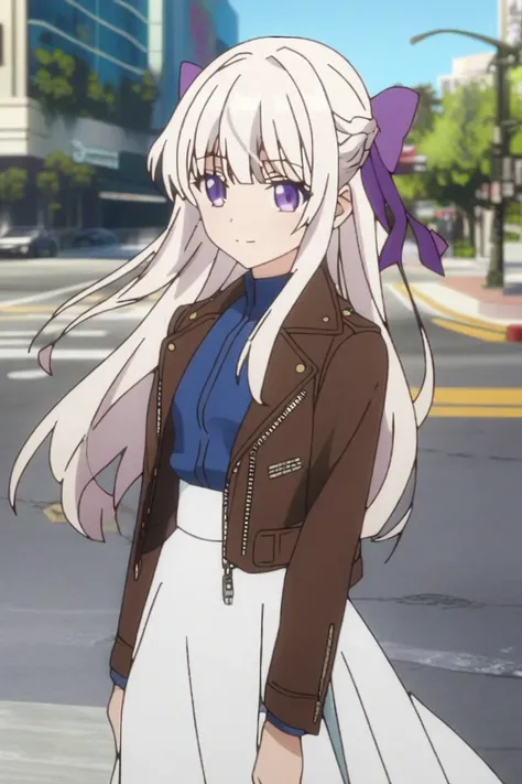 anime_screencap, safe_pos, Shino Kiryuu, Kanojo Mo Kanojo, Adult, purple eyes, white hair, hair bow,Long Hair, purple ribbon, small chest, Facing Viewer, Photo Background, Masterpiece, Blue Clothes, Long Skirt, White Skirt, Leather Jacket, Cream Jacket, Lo...