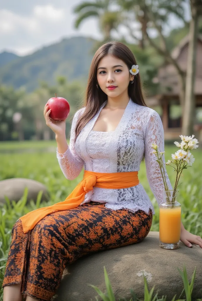  Close-up wide angle shot. A beautiful Taiwanese woman 30 years old.  Smooth long hair rather chubby .  javanese kebaya dress. Javanese batik skirt . Tucked a white cempaka flower in her ear. Pose sitting on a rock.  on the edge of a rice field . Large cob...