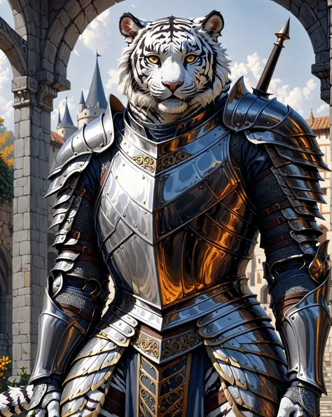 masterpiece, absurdres, hyper detailed, 4k, UHD, 1male, adult, White Tiger, Yellow eyes, knight, Armor,