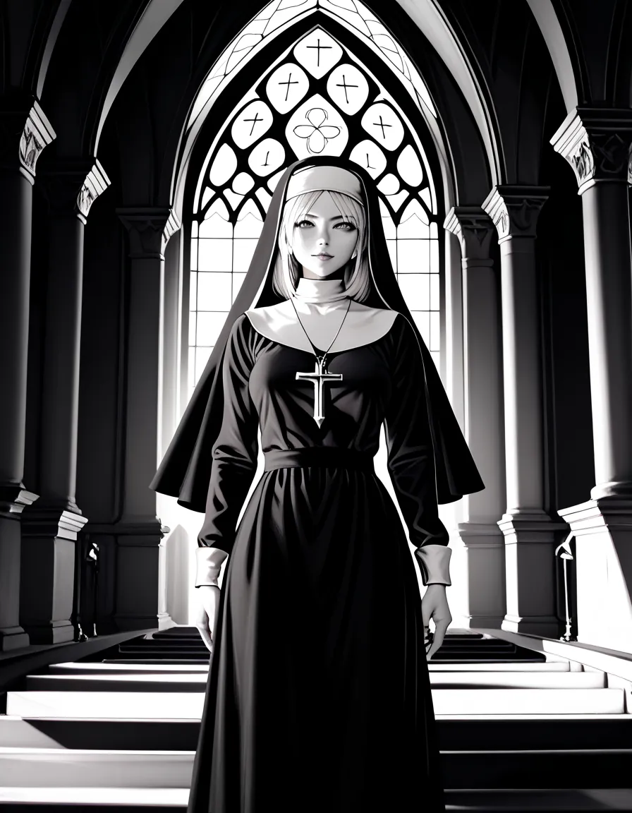 (1 girl, standing, medium breasts, black and white nun dress, in churches), (realistic, photo-realistic:1.2), (best quality, 4k, 8k, highres, masterpiece:1.2), ultra-detailed, HDR, UHD, studio lighting, ultra-fine painting, sharp focus, physically-based re...