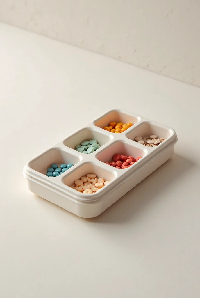 Plastic pill box that can separate into eight types of drugs. Inside the box, different types of drugs are visible.