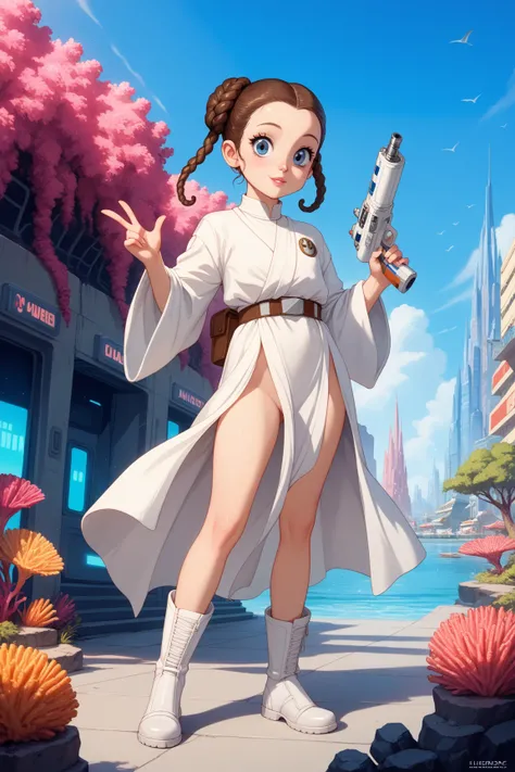 (star wars punk) ?Princess Leia, age 25, iconic side bun hairdo, cute, flowing white robe no underwear white boots, utility belt with blaster), she is visiting a city of fish men aliens (dress in 1920s style suits, webbed feet, webbed fingers, huge eyes, 1...