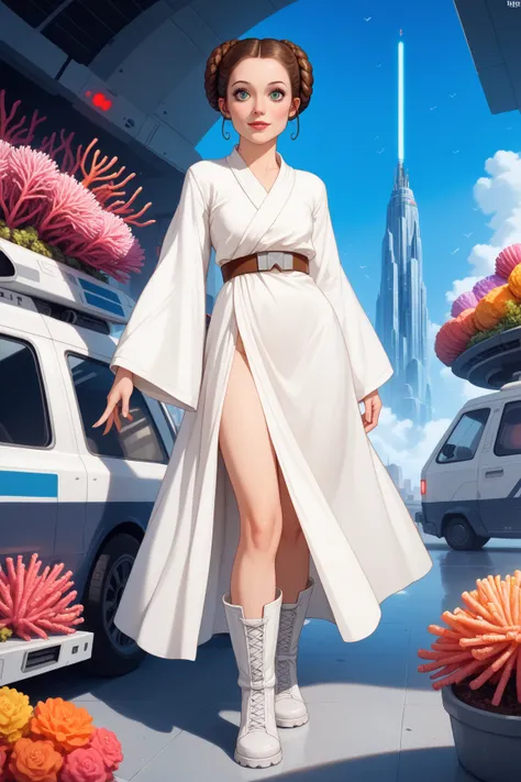 (star wars punk) ?Princess Leia, age 25, iconic side bun hairdo, cute, flowing white robe no underwear white boots, utility belt with blaster), she is visiting a city of fish men aliens (dress in 1920s style suits, webbed feet, webbed fingers, huge eyes, 1...