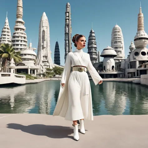 (star wars punk) ?Princess Leia, age 25, iconic side bun hairdo, cute, flowing white robe no underwear white boots, utility belt with blaster), she is visiting a city of fish men aliens (dress in 1920s style suits, webbed feet, webbed fingers, huge eyes, 1...