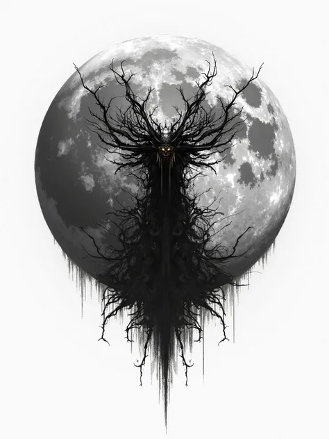 Endless evil energy. Realistic black and white moon and Hastur inside. Tattoo sketch on a white background.