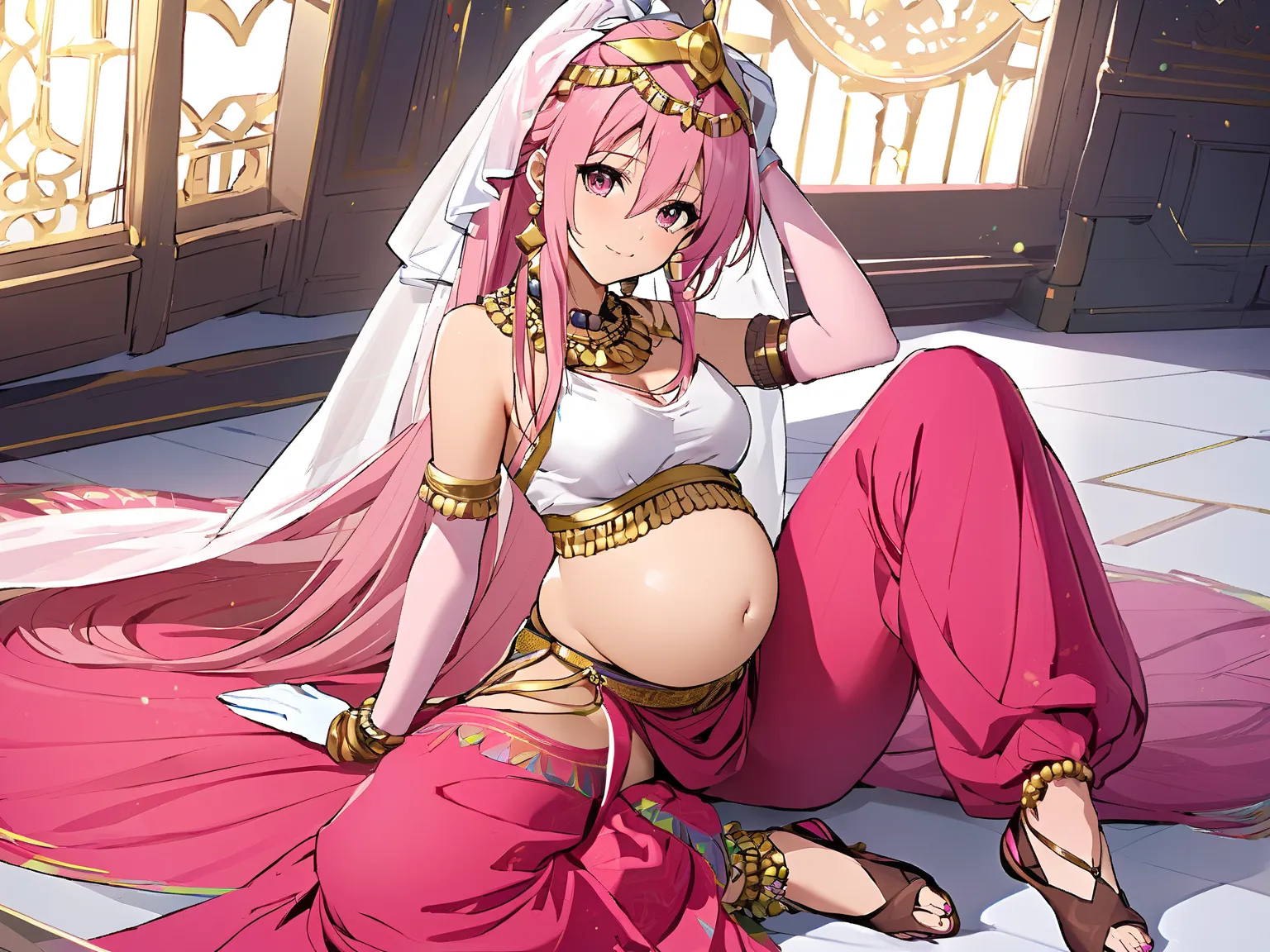 solo , 1girl , jewelry   , archebase, pink hair, high ponytail, pink eyes, long hair, earring, hair between eyes, shirt, ダボダボなパンツ  , dancer veil, circlet , wearing edgMes ,harem outfit , 踊る , pelvic curtain ,  ( 汗ばみ , crop top:1.2) , gloves , toeless legwe...