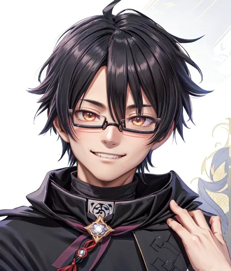 Close up of a person wearing glasses and a black cloak,  Mischievous Smile, portrait gap moe yandere grim dark, Akiyuki Manano, makoto shinka, Genshin Impactのキャリング, Hijikata Toushirou,  Taisho Romance, tsurumaki kazuya,  inspired by Okumura Masanobu