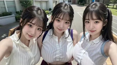 ( 3 girls),smile、Look into the camera、 Diamond Necklace、pigtail, ( high quality)、(high resolution)、Two elementary school students、Look at me with a smile、 Whole Body、big breasts、buttoned sleeveless shirts and shirt collars、 Short Skirt 、 angle from bottom ...