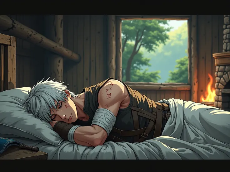 Young wounded short white-haired warrior man sleeping on a bed in a forest cabin realistic medieval anime style 