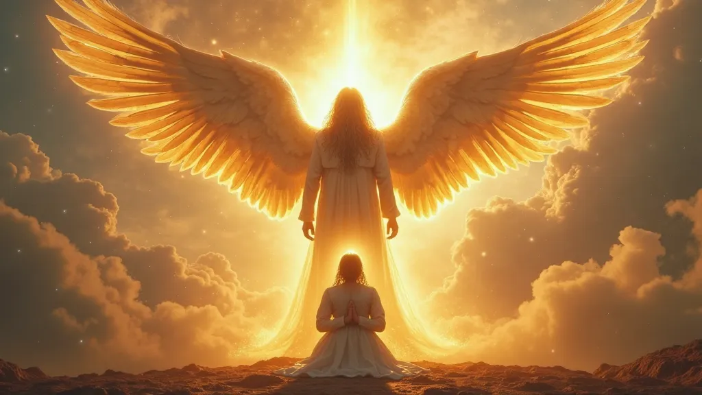 A breathtaking, cinematic depiction of a massive, majestic angel with enormous, radiant golden wings fully extended, standing protectively behind a kneeling figure in deep prayer. The angel's face is serene yet powerful, glowing with divine light, its long...