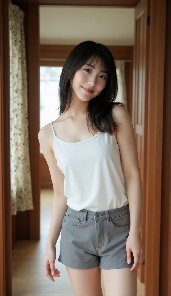 8k,  masterpiece, TOP QUALITY, beautiful Korean woman,   Eye Level Perspective , smile,  long dark hair,  slender figure, White Tank Top,  grey shorts, puts her hand on her lower back, Relaxed posture, Entrance, Patterned Curtains , Wooden wall,  wooden fl...