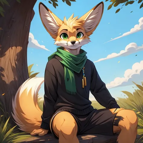 Furry, furry fennec fox, male, all white fur, black markings on ears and muzzle, green summer scarf with decorative beads, black sweats, sweater (Djellaba Inspired), messy windswept hair, beautiful green eyes, male anatomy, perfectly drawn face, perfectly ...