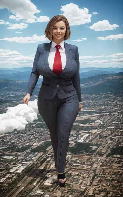 100 km tall giga giantic, curvy young lady with a beautiful smile, bigger than a giant city, curvaceous figure, massive beast, and very short blonde hair, with a curvaceous figure and massive natural breasts. wearing a tailored italian light grey pinstripe...