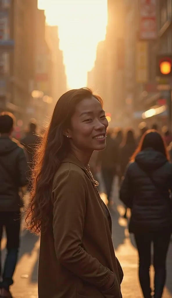 Create a cinematic, professional photo of a person standing in the middle of a bustling city street, surrounded by people of all walks of life. The person’s expression is one of compassion and kindness, radiating the love of God. Soft, golden light shines ...