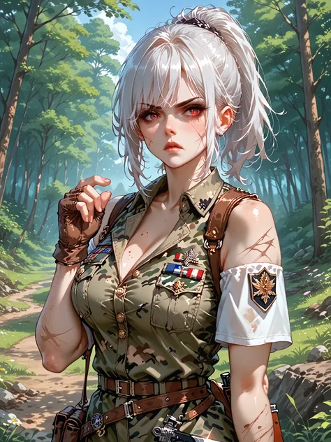 1 woman, beautiful,whole body,wearing army camouflage uniform, dirty military uniform, forest, camp,rifle,0multiple scars on face,
Brown Gloves,large breasts,glossy-red eyes,clear eyes,glare,white hair,disheveled hair, ponytail, dirty face,various poses,vi...