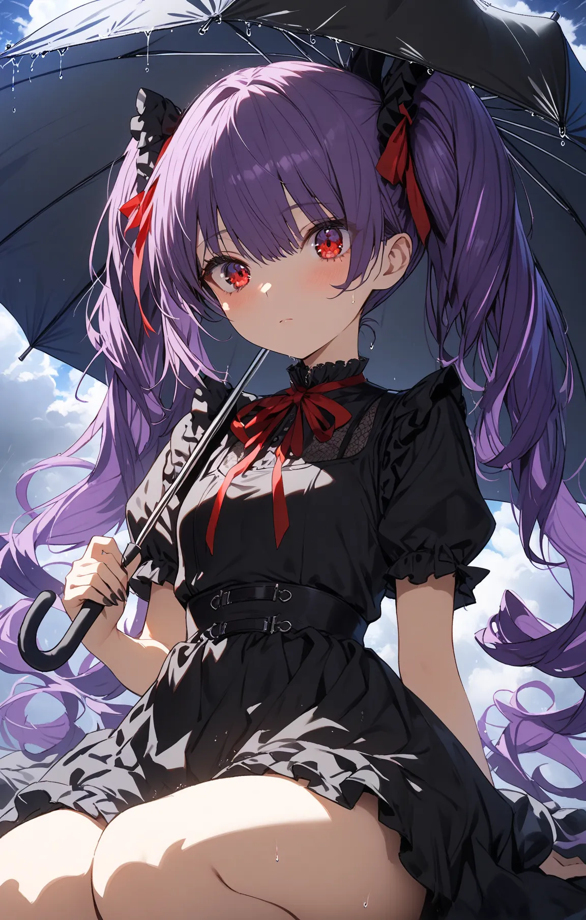 
1 girl,How tall is an 18-year-old, purple hair ,Red Eyes,twin tails,silver streaked hair, ,twin drills, with 2 red ribbons on the head,black gothic lolita dress, expressionless, thighs,It rains,umbrella,umbrellaを持つ,looking up,moody lighting, underlighting...