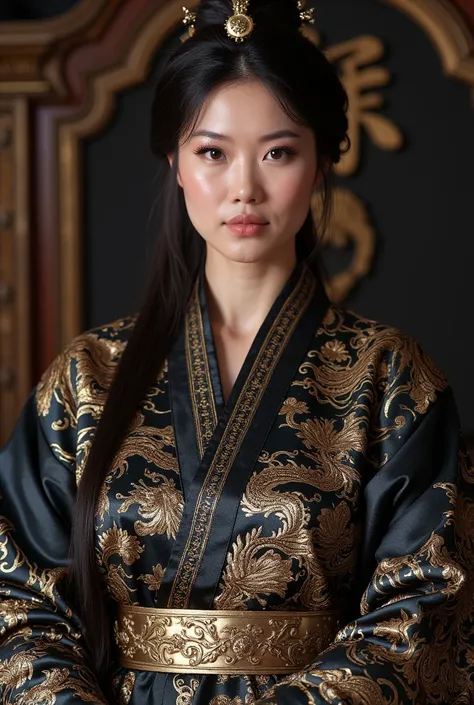 arafed Nobel Asian woman in dark robes with gold accents, wearing gilded robes, wearing a black noble suit, dressed as emperor, dark ornate royal robes, dragon-inspired silk robes, robes with golden characters, wearing ornate silk clothes