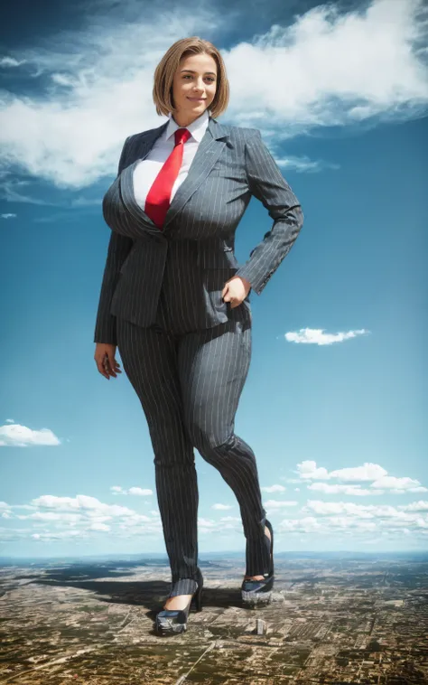 100 km tall giga giantic, curvy young lady with a beautiful smile, bigger than a giant city, curvaceous figure, massive beast, and very short blonde hair, with a curvaceous figure and massive natural breasts. wearing a tailored italian light grey pinstripe...