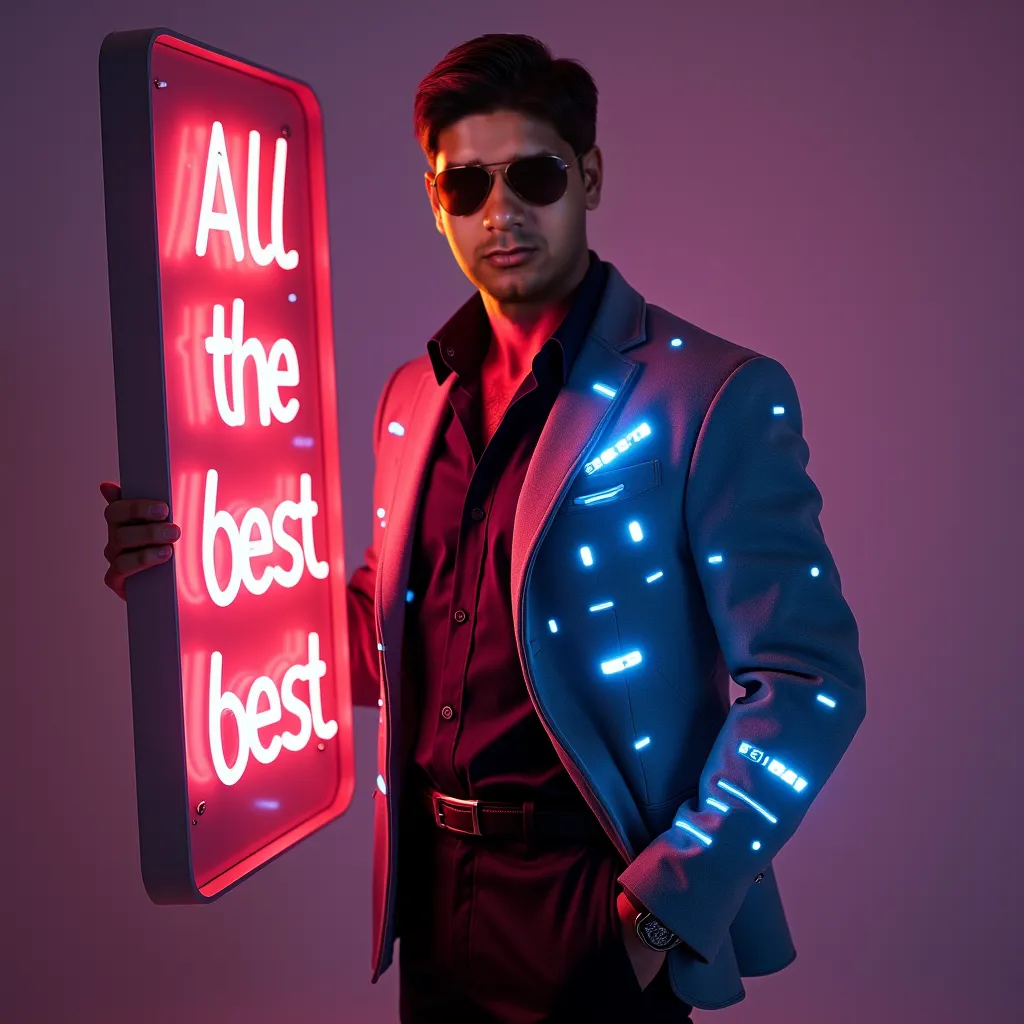 a man looking at viewer looking at camera, Hyper realistic fullbody a 30 yeard man in standing pose of james bond and holding a glowing neon sign. The neon sign is bright and eye-catching, with the text 'All the Best Khushi Shinde from Aai , Baba, Sonu & S...