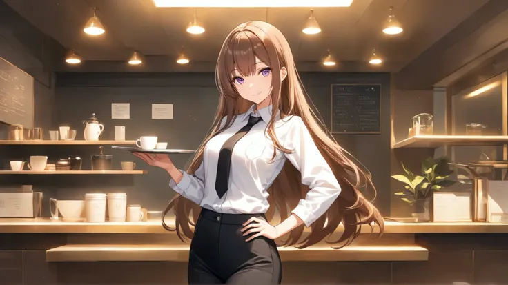 A female character with natural-looking face, very long hip-length flowing dark brown hair and sharp violet eyes. She has a happy expression, with a slight smile. She is dressed in a professional outfit consisting of a plain white button-up shirt with a bl...