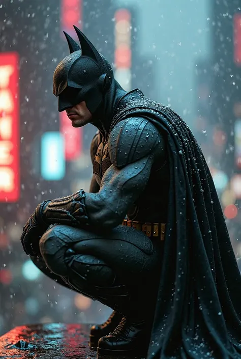 Cinematic and the hyper realistic closeup image of batman, crounched on the building. (Scene is lit by the neon lights and snowfall makes it even more suspenseful) 