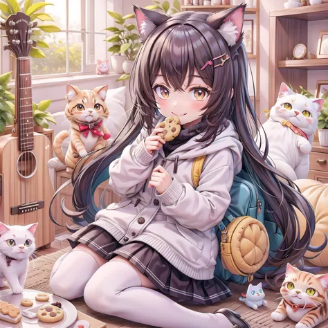 A cute little cat, Eat cookie, smiles, in the room, A whole bunch of Cat doll