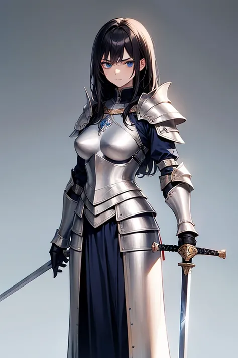 1 girl, white knight, full armor, noble, black hair, sword, serious face, standing tall, medium breasts, blue eyes, medieval background. 