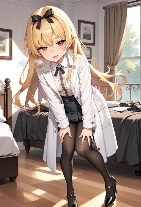 10歳、high resolution image, masterpiece, best quality, amazing quality, official art, 16K,8K,anime,yue-default,yue \(arifureta\),red eyes,blonde hair,long hair,hair ribbon,lab coat,ruffled shirt,ruffled skirt,black skirt,black knee socks,black footwear,woma...