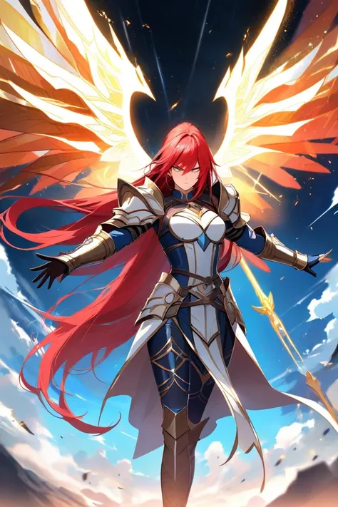 "A fierce and powerful female warrior with long, flowing red hair, clad in shining armor with intricate details. She has majestic wings extending from her back, giving her a divine or angelic presence. She wields a massive battle axe with ornate engravings...