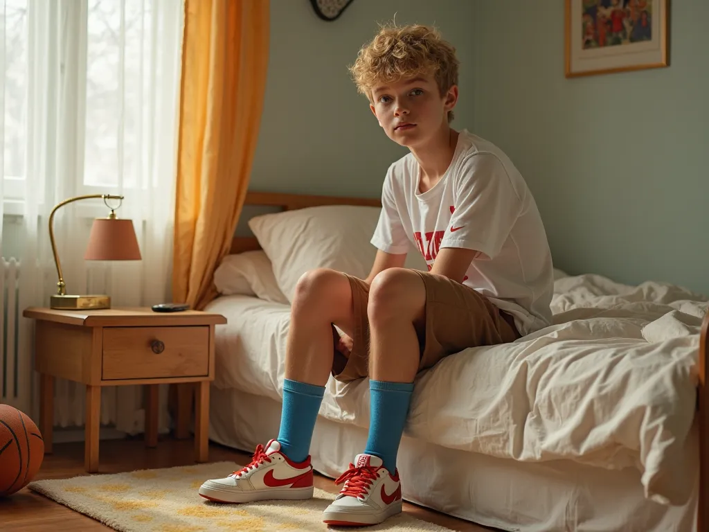 A boy young blond man 18 years old sitting on a bed ,  in a room , culotte courte marron clair ,Nike blue high socks , T-shirt nike ,green eyes , short cut light hair ,  white and red low canvas sneakers , a bedside table with a lamp , a beige and yellow f...