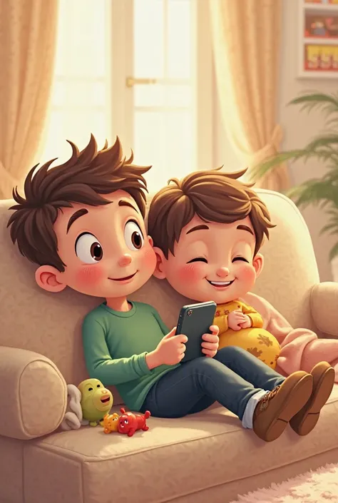 Create a cute cartoon.  boy wearing a green shirt, black pants 
Brown wavy hair put on, lying on the couch, a cream-colored room full of toys.
I was sleeping in the mall and playing games on my mobile phone, and my wife was next to me wearing a blanket.