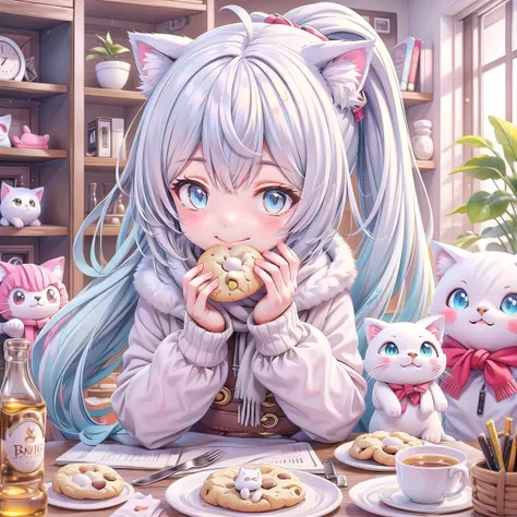 A cute little cat, ponytail, white hair, Eat cookie, smiles, in the room, A whole bunch of Cat doll