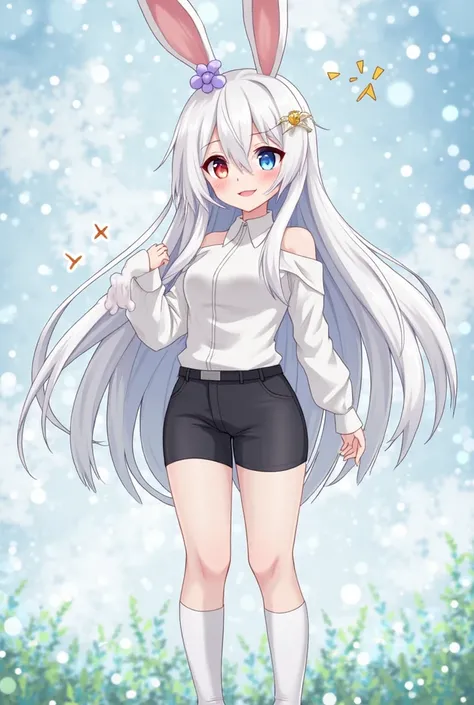 she is quite pretty. she has white hair long, have rabbit ears and tail, she has 2 eye colors, left eye is red has a 5-pointed star, right eye is blue has a 4 pointed star white. She wore black shorts, a thick white shirt and long white socks