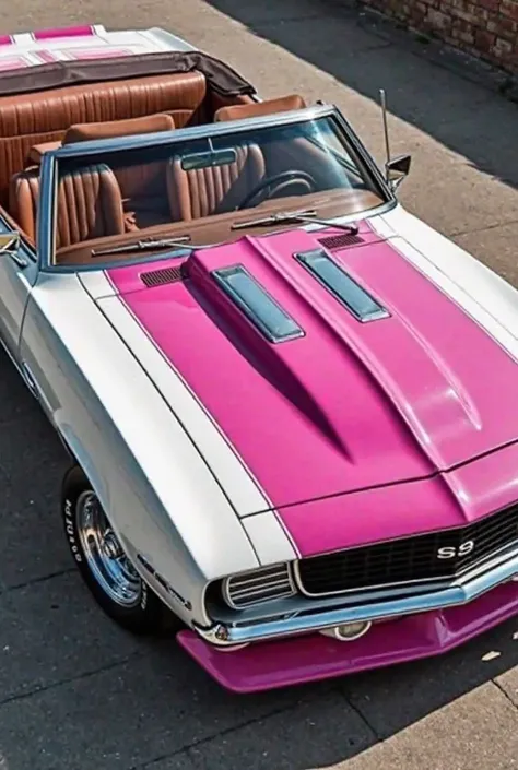 An open-top 69 year camaro. The sides are white. hood and dam all pink. seats brown.