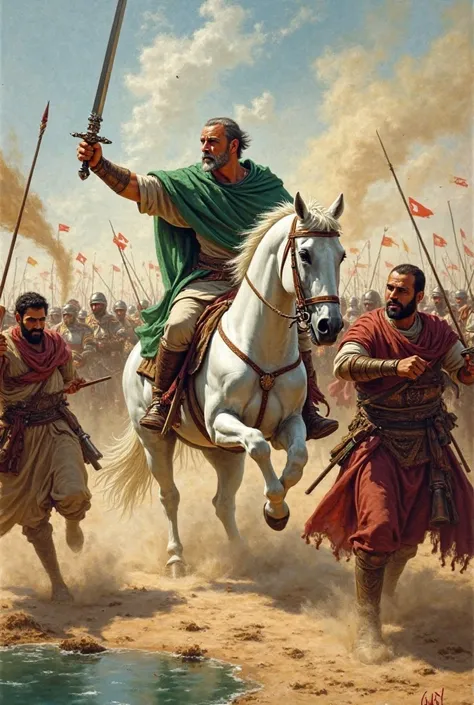 A vibrant painting depicts a historical battle scene.  Several figures, likely Middle Eastern men, are engaged in intense combat.  One figure, centrally positioned, is on a rearing white horse, wielding a sword and wearing a green cloak.  He faces the view...